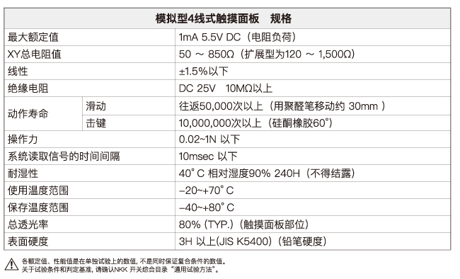 TP02系列　模拟型4线式触摸面板_通用规格